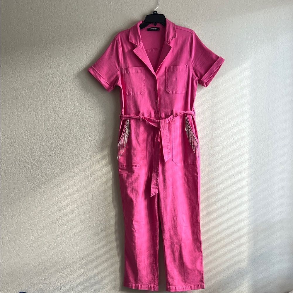 Like New! BLUE B Pink Fringe Rhinestone Jumpsuit in Size L